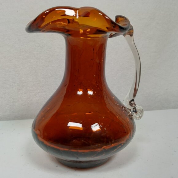 Crackle Glass Pitcher Brown Small Clear Handle Vase Collectible Art 3.75" Tall - Picture 3 of 15